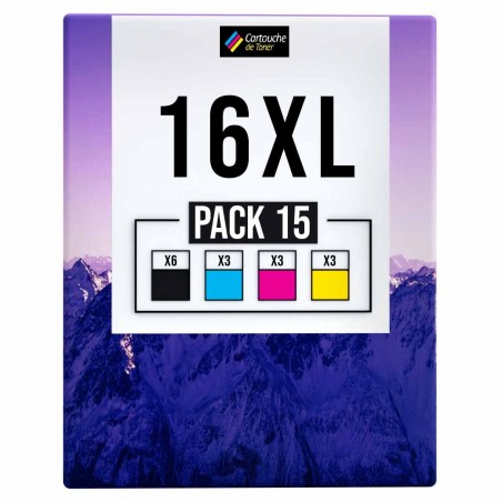 Pack de 15 cartouches compatibles 16XL Epson 6 noirs, 3 cyan, 3 magenta, 3 jaune