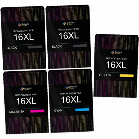 Pack de 5 cartouches compatibles 16XL Epson 2 noirs, 1 cyan, 1 magenta, 1 jaune